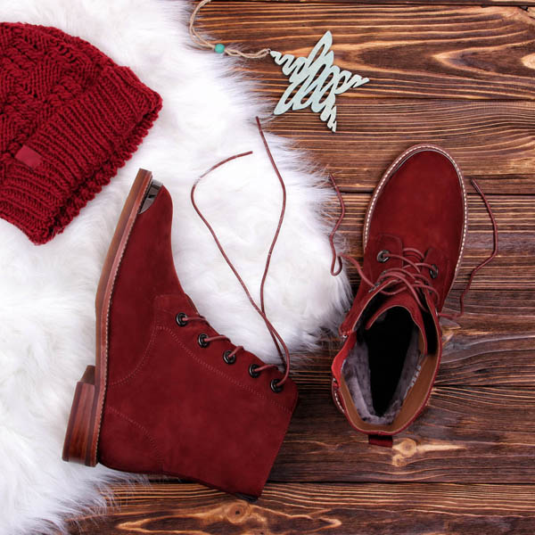 бордовые замшевые зимние женские ботинки